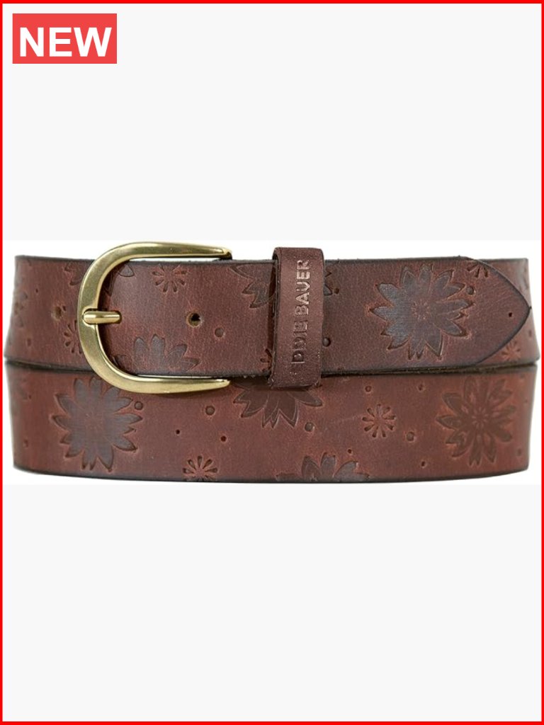 Genuine Leather Belt With Metal Buckle, Tooled Floral Pattern, Casual Wear